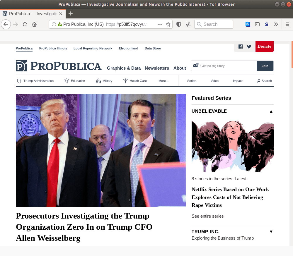 Página inicial onion do ProPublica.