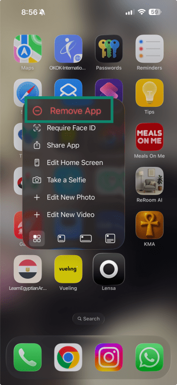 iPhone app menu showing