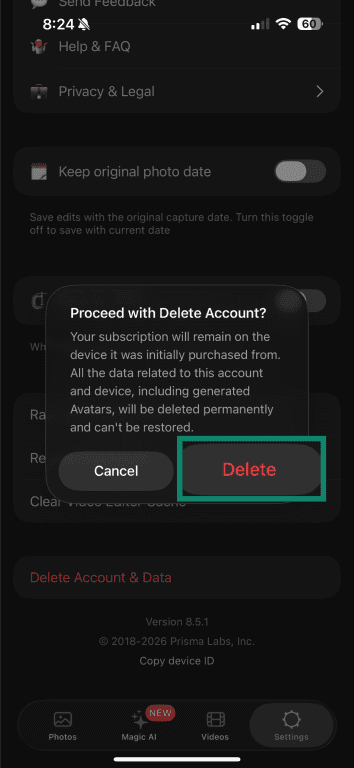 Lensa delete account confirmation screen with