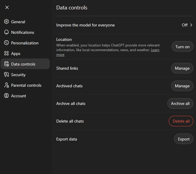 ChatGPT settings Data controls tab.