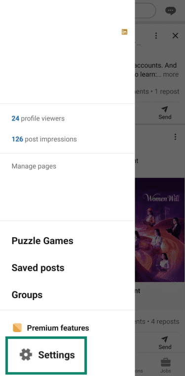 LinkedIn menu with Settings option highlighted