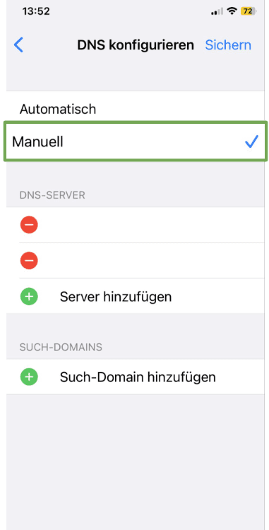 The Configure DNS menu of an iOS device, showing the option to switch to manual DNS settings.