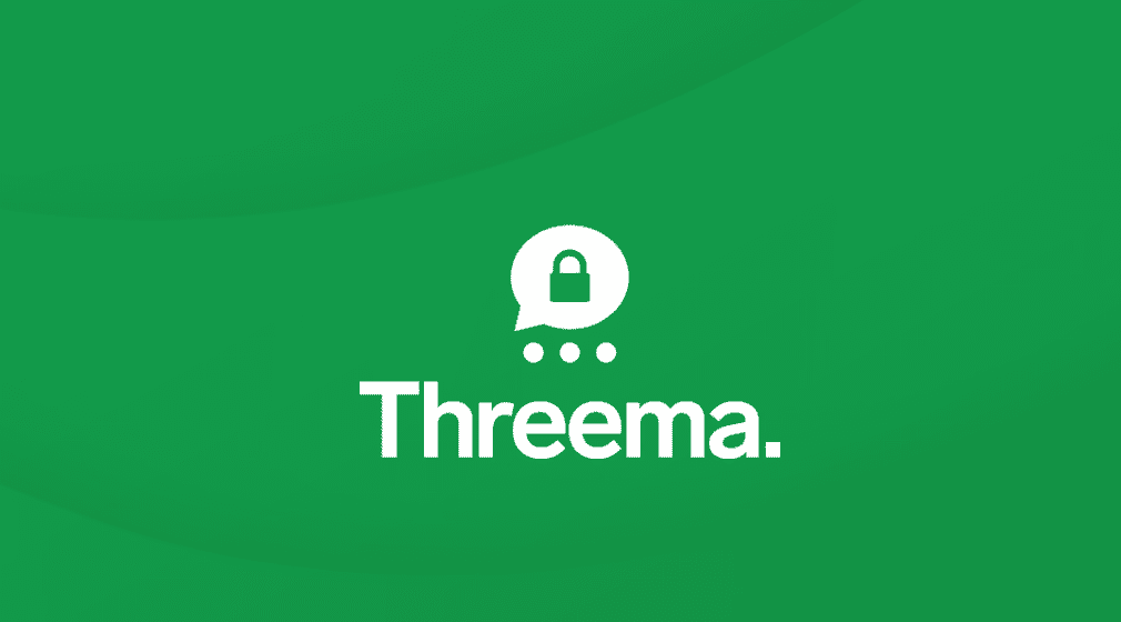 Threema logo. A white speech bubble with a padlock inside, above the word 'Threema.' in white text on a green background.