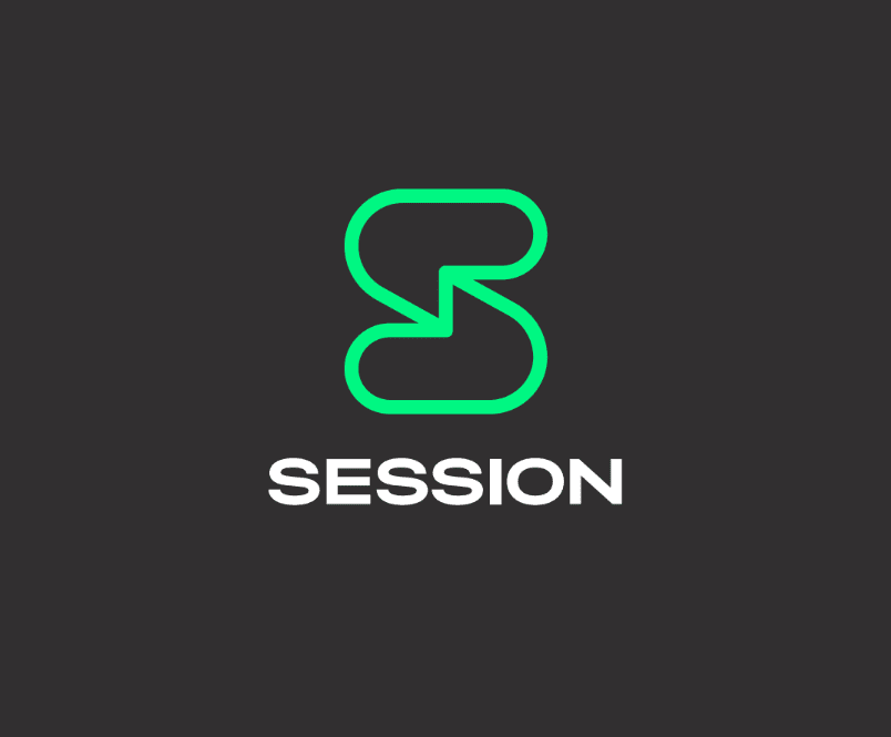 Session messenger logo. A green, stylized 'S' icon above the word 'SESSION' in white capital letters on a dark gray background.