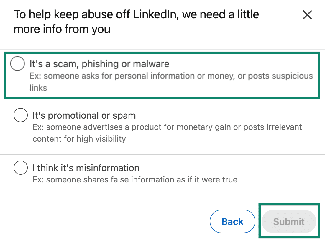 Screenshot of the LinkedIn reporting page with 'It's a scam, phishing, or malware' selected and the 'Submit' button highlighted.
