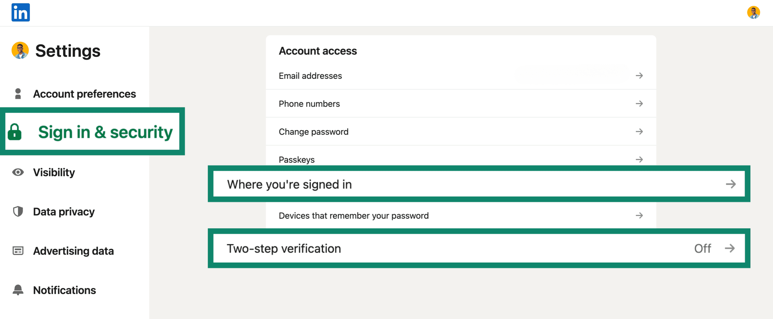 Screenshot of the LinkedIn 'Sign in & security' settings with the 'Where you're signed in' and 'Two-step verification' options highlighted.
