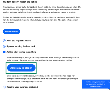 eBay returns page showing the