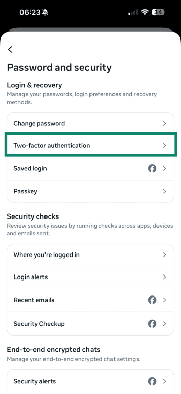 The Password and Security menu on Facebook mobile, with 