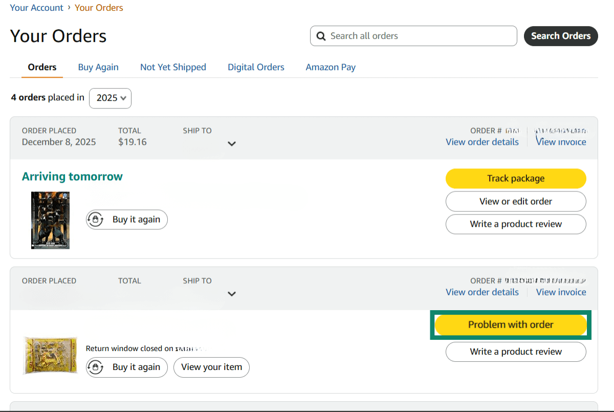 Find the order you want to refund and click