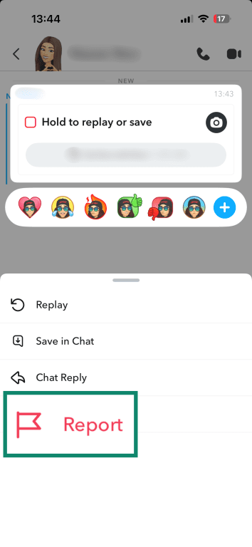 Snapchat chat options menu displaying