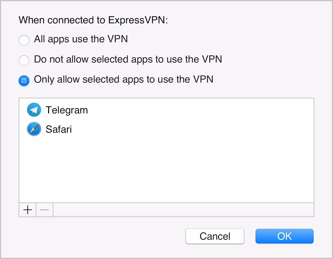 La interfaz de la aplicación ExpressVPN para Mac mostrando solo las aplicaciones seleccionadas que están protegidas por la VPN.