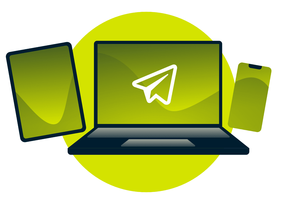 Telegram-logo p&aring; en b&aelig;rbar computer, telefon og tablet.