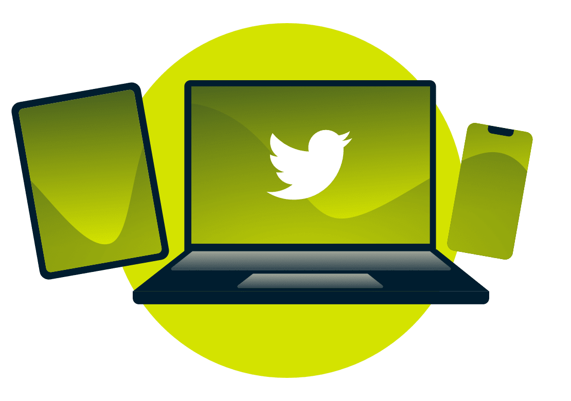 Un ordinateur portable, une tablette et un t&eacute;l&eacute;phone, avec le logo de Twitter.