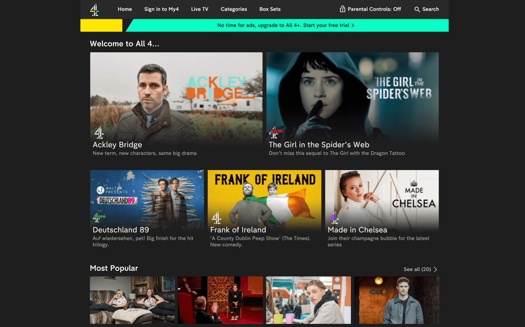 The Channel 4 UK All 4 app homescreen and shows