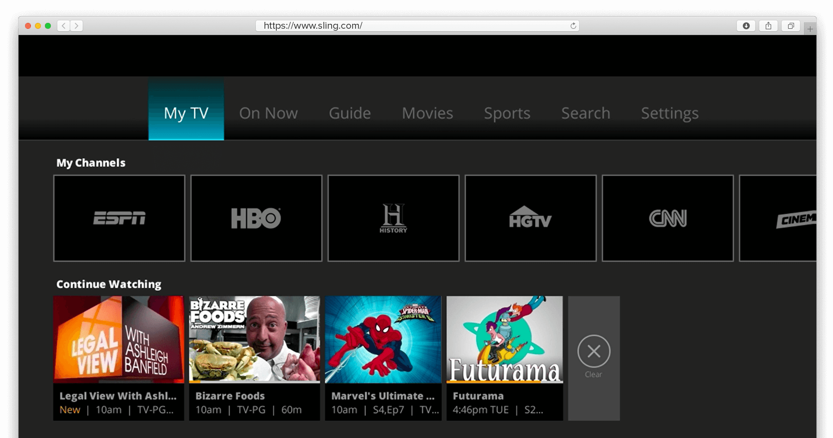 Captura de pantalla de la página principal de Sling TV.