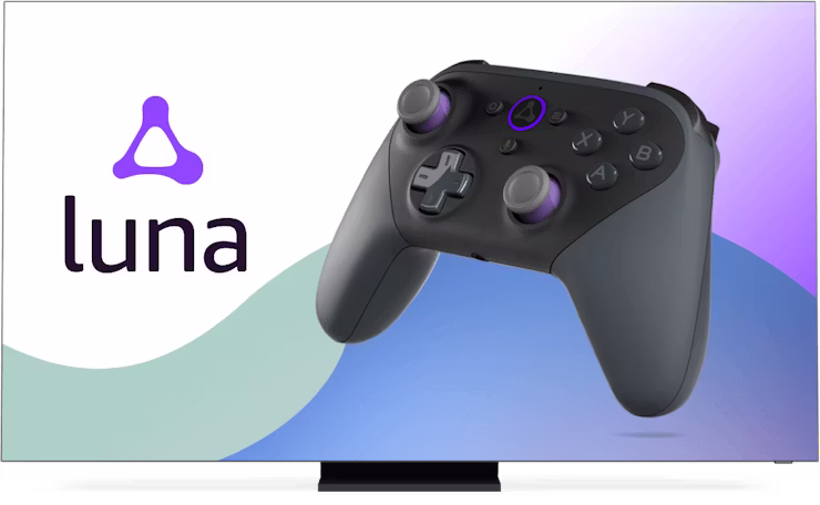 Sk&aelig;rm med logo og controller fra Amazon Luna.