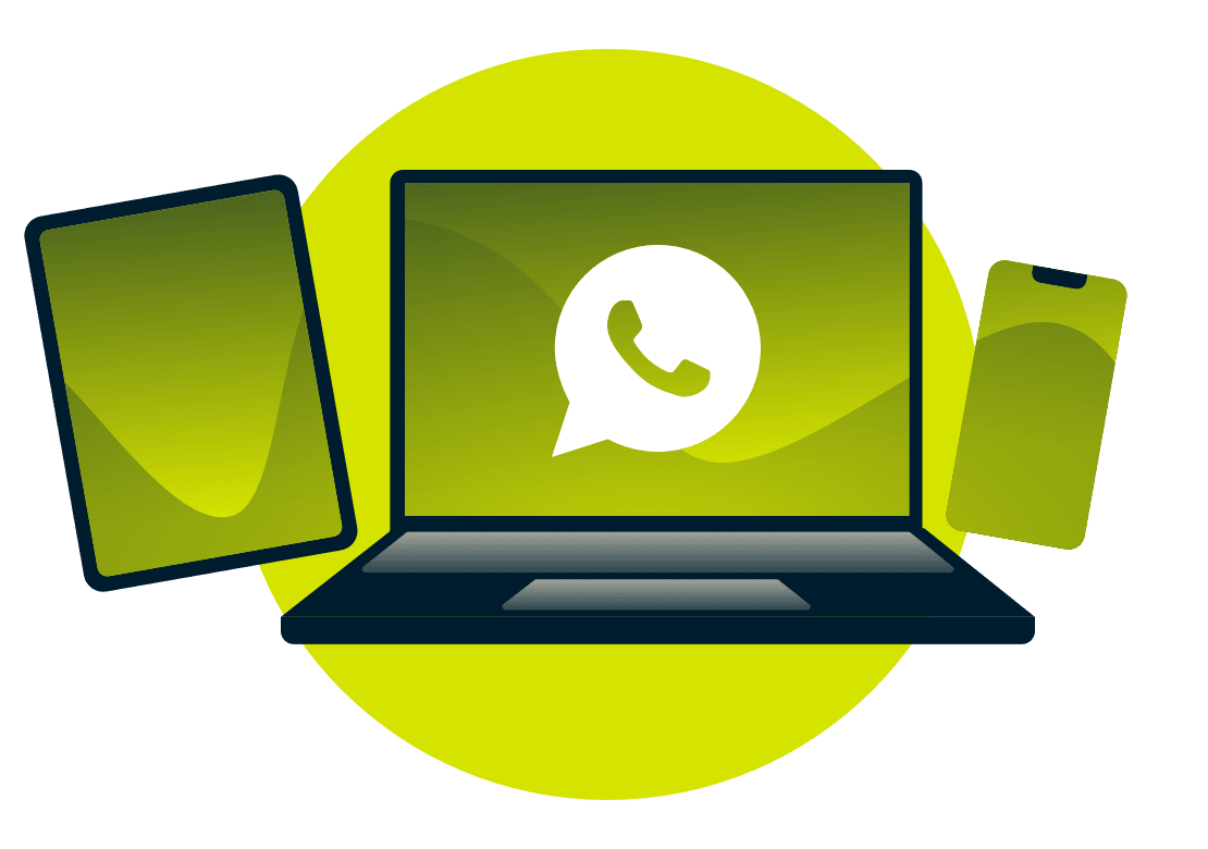 جهاز كمبيوتر محمول، وجهاز لوحي، وهاتف، مع شعار WhatsApp.