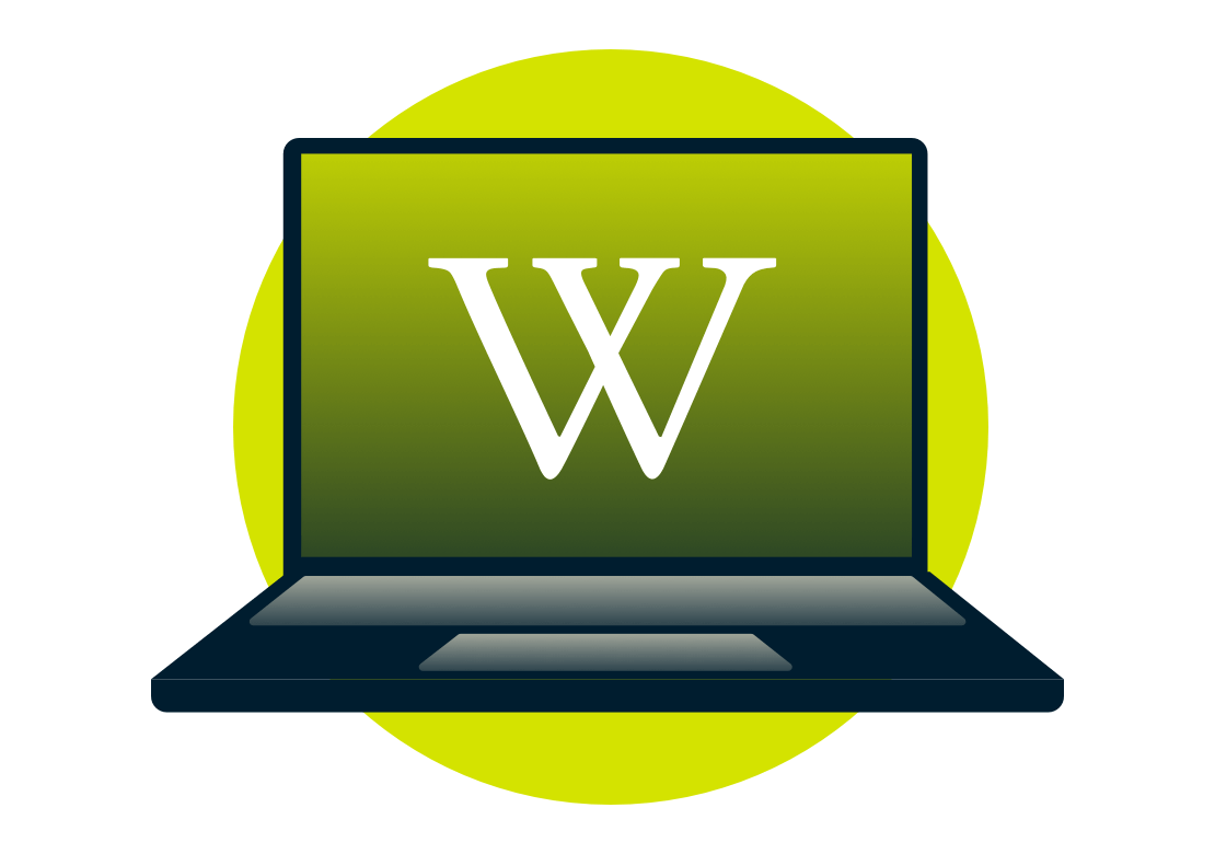 Wikipedian logo kannettavan tietokoneen näytöllä.