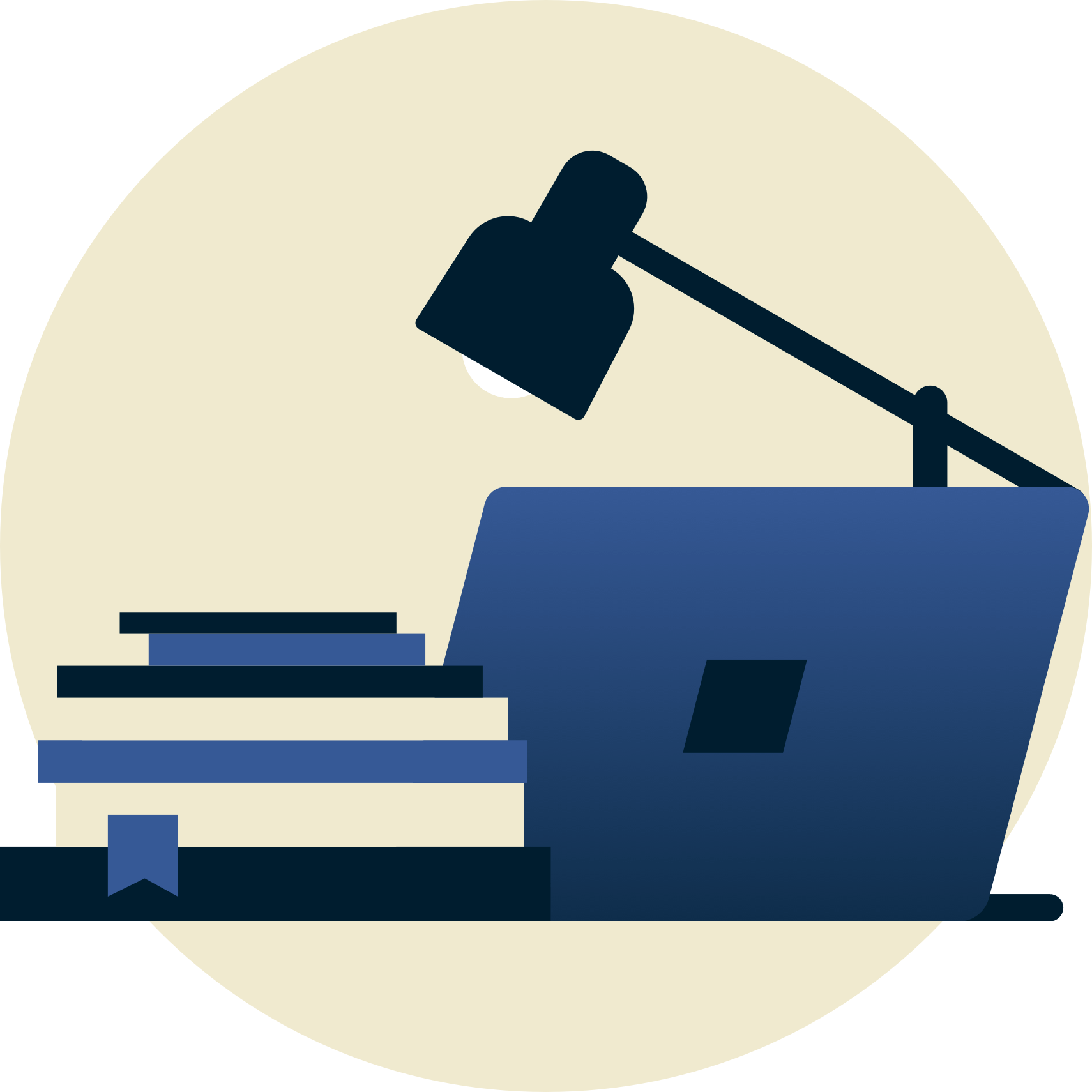 L&aacute;mpara sobre libros de texto y laptop de espaldas a ti.