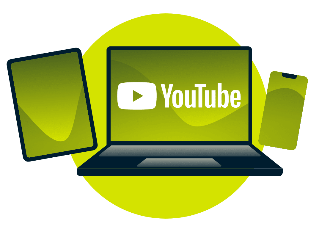 Un port&aacute;til, una tableta y un tel&eacute;fono con el logotipo de YouTube.