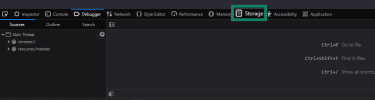 Storage tab highlighted in the Firefox developer tools.