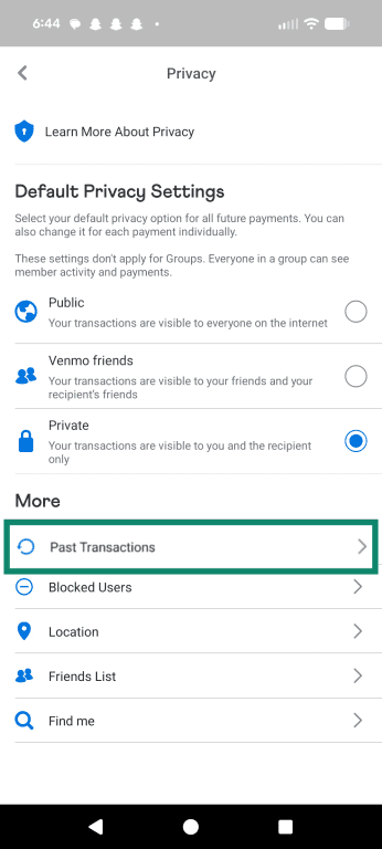 Past transactions listed in the Venmo Privacy menu on mobile