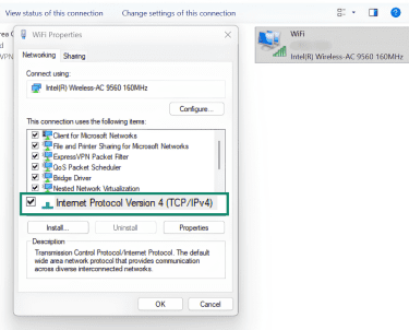 “Wi-Fi Properties” dialog (Networking tab) with “Internet Protocol Version 4 (TCP/IPv4)” highlighted.