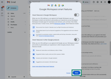 Save button on the Google Workspace smart features settings page in Gmail