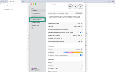 How to access the Personalization tab on the ChatGPT Atlas settings page