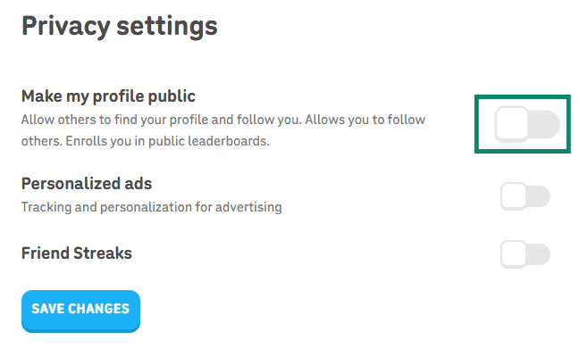 The Duolingo privacy settings, with all options disabled.