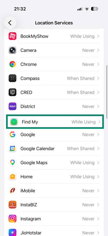 iPhone Location Services settings, with the Find My option highlighted.
