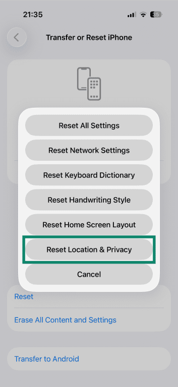 iPhone Transfer or Reset iPhone settings, with the Reset Location & Privacy option highlighted.