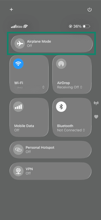 iPhone Control Centre, with the Wi-Fi and Mobile Data options highlighted.