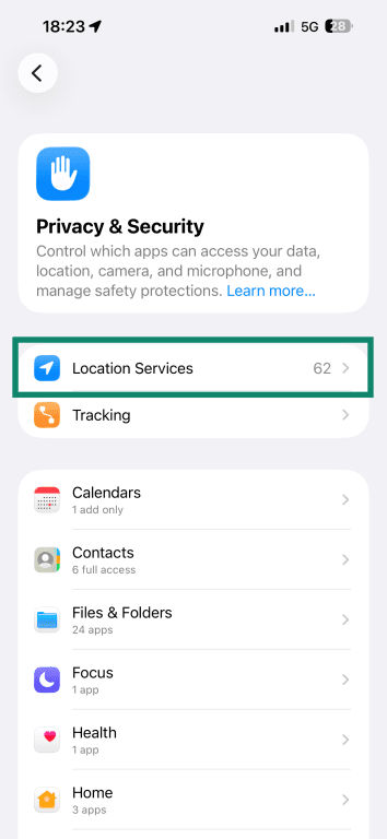 The Privacy & Security screen in iPhone's Settings app with Location Services highlighted.