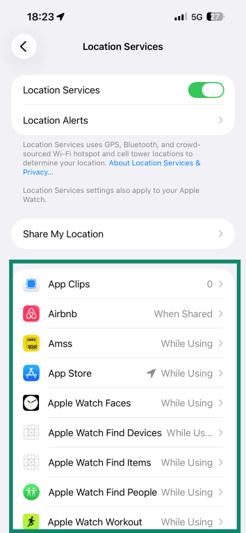 The Location Services screen listing all apps whose location settings you can adjust.