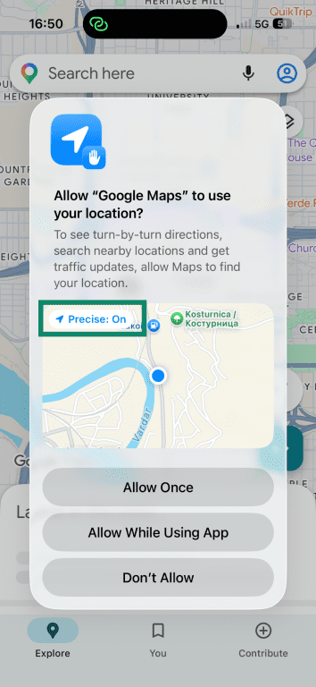 The prompt on iPhones asking users to allow an app to use their location, with the "Precise: On" option highlighted.