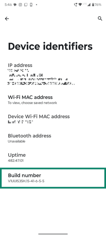Android Device Identifiers menu with Build Number highlighted.