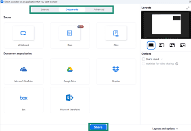 Options to share screen, window, whiteboard, or audio in the Zoom app