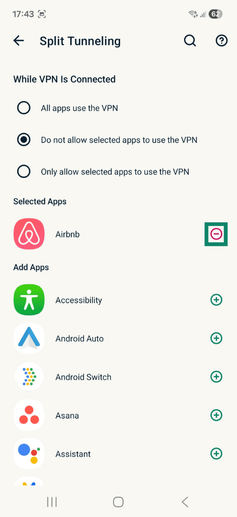 Split tunneling settings on ExpressVPN Android app.
