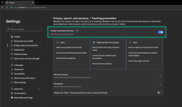 Enable tracking prevention option and its modes under Tracking prevention.