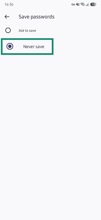 The Save Passwords panel in Firefox's Android Settings panel, with the Never Save option highlighted.