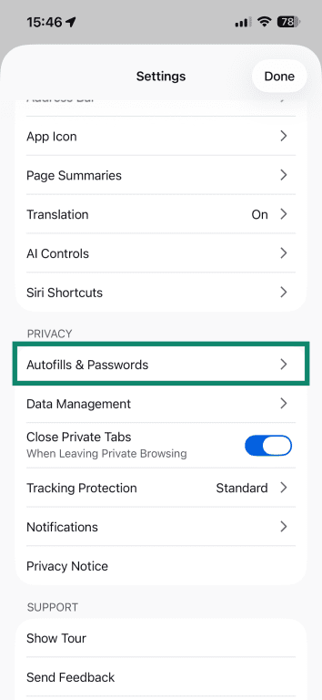 Firefox Settings on iOS with the Autofills and Passwords entry highlighted.
