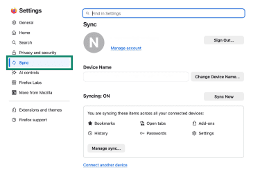 The Sync panel of Firefox's Settings on desktop.