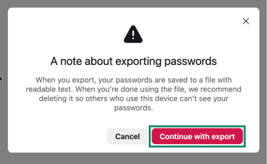 A dialog box asking the user to confirm if they really want to export all their passwords from Firefox on desktop.