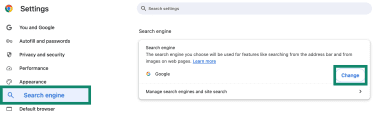 Chrome Search engine settings page with Change button.