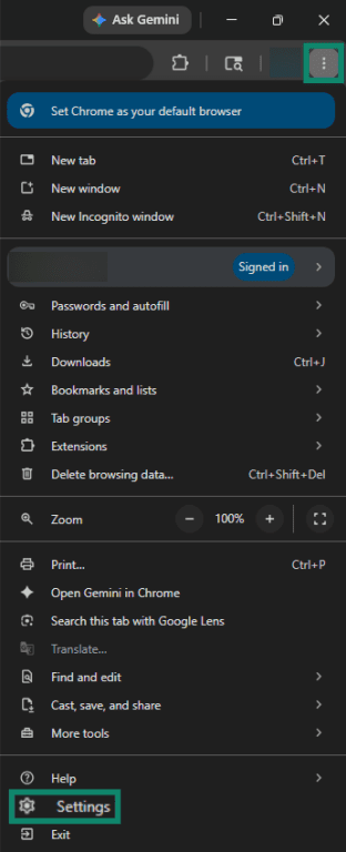 Screenshot showing how to access the Settings menu in Google Chrome with the three-dot and Settings buttons highlighted.
