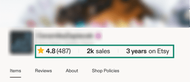 An Etsy shop homepage with the number of available user reviews, the total number of sales, and the number of years it's been operating on Etsy.