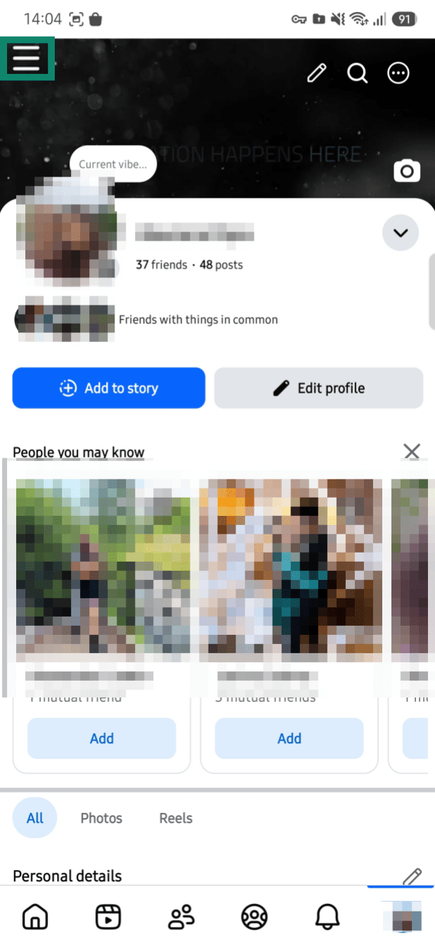 Facebook mobile app showing the three-line menu icon highlighted in the top-left corner.