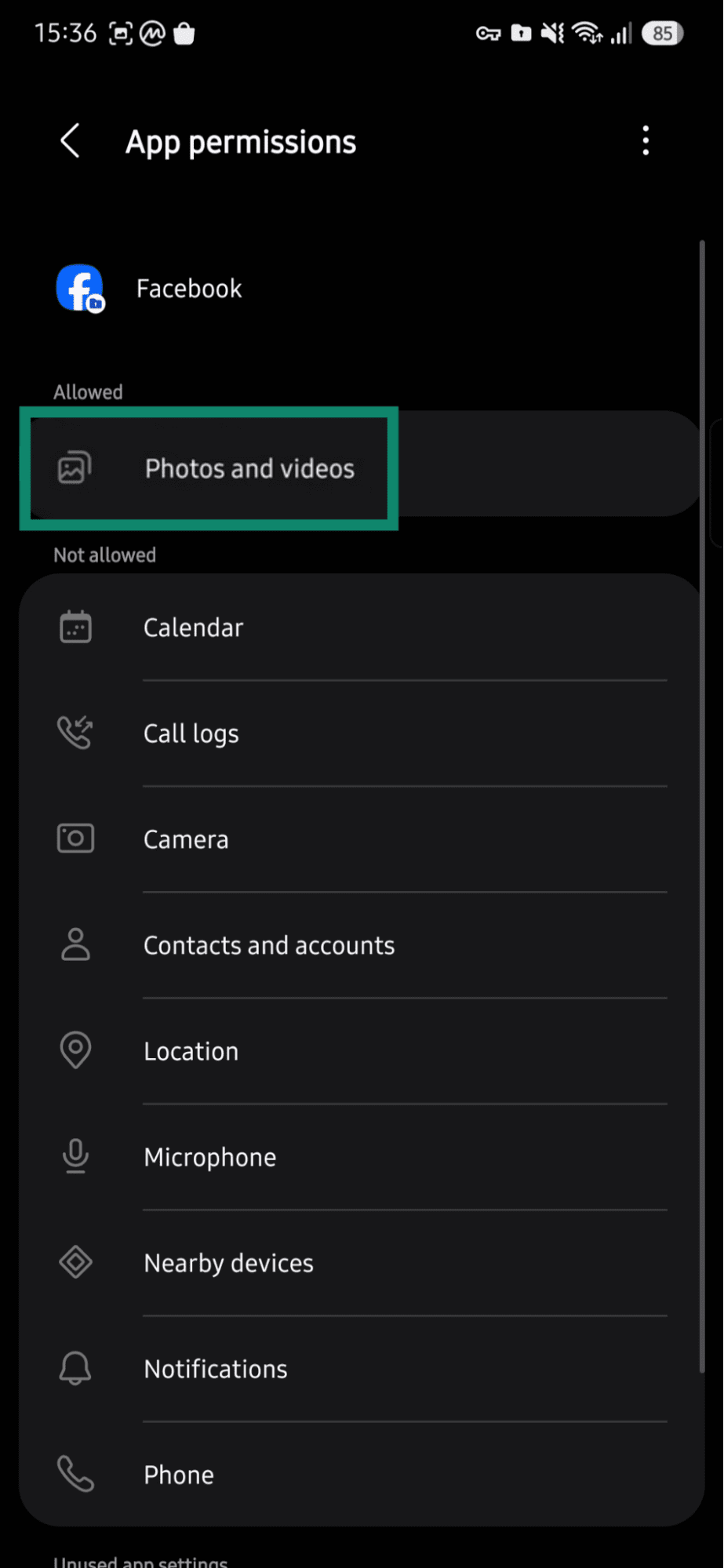 Facebook app permissions on Android showing the "Photos and videos" permission highlighted.