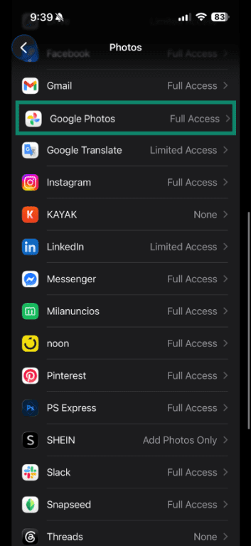Google Photos app permissions on iPhone.